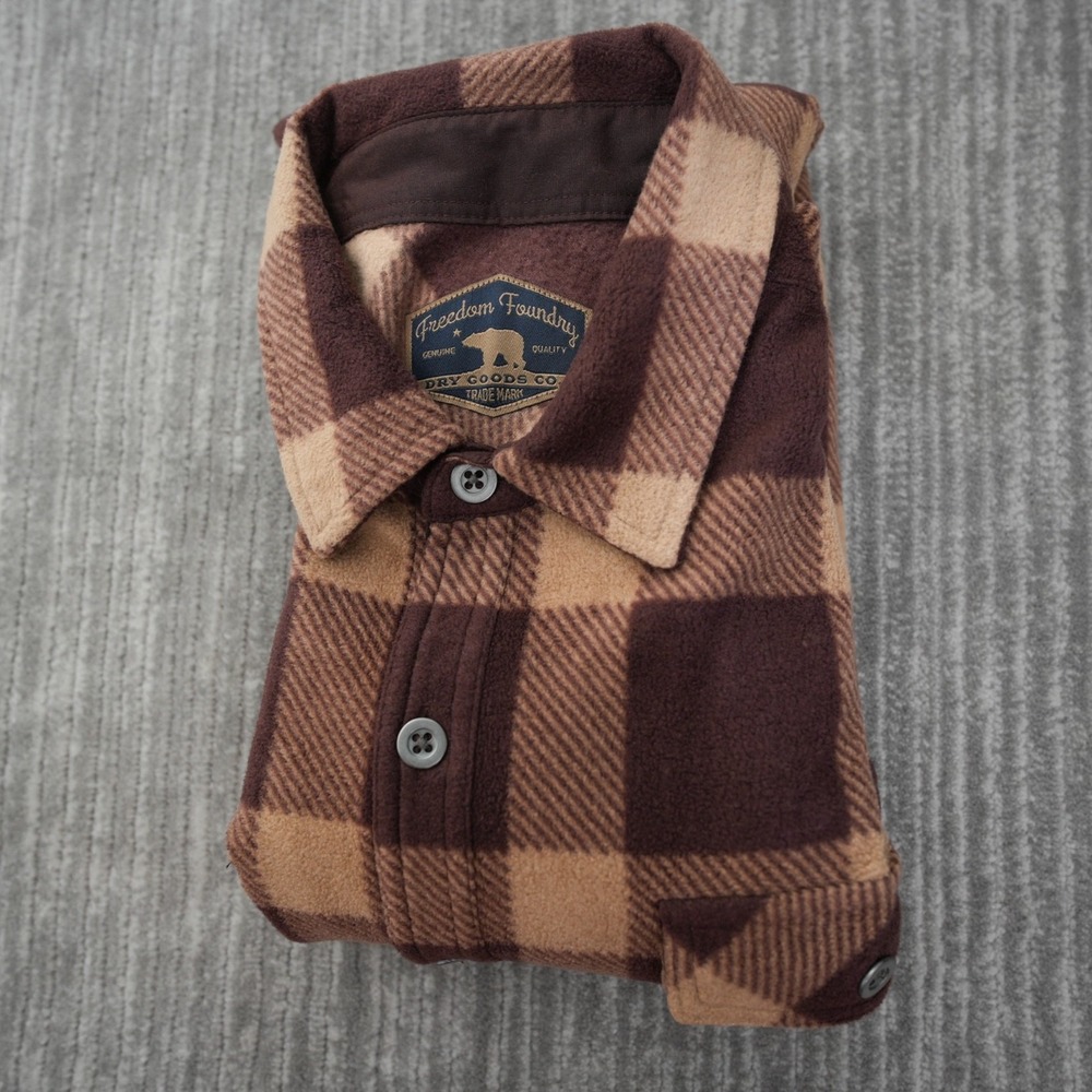 Freedom Foundry Flannel Shirt Men Plaid Button Up Brown Long Sleeve Soft Large